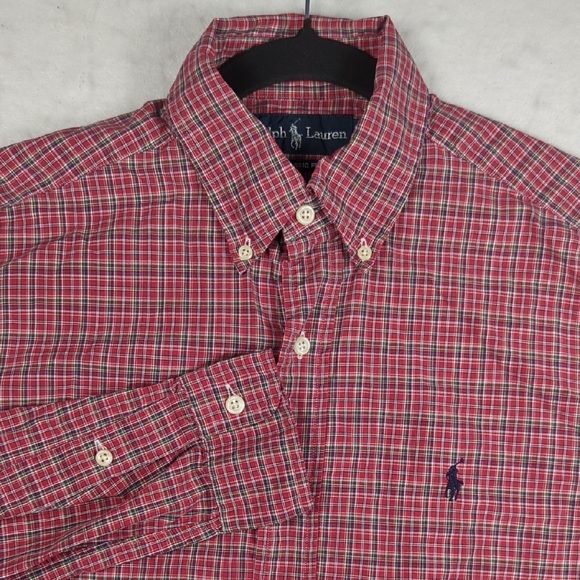 Ralph Lauren Red Plaid Holiday Fall Long Sleeve Button Down Navy Pony Men's Sm - Picture 1 of 8